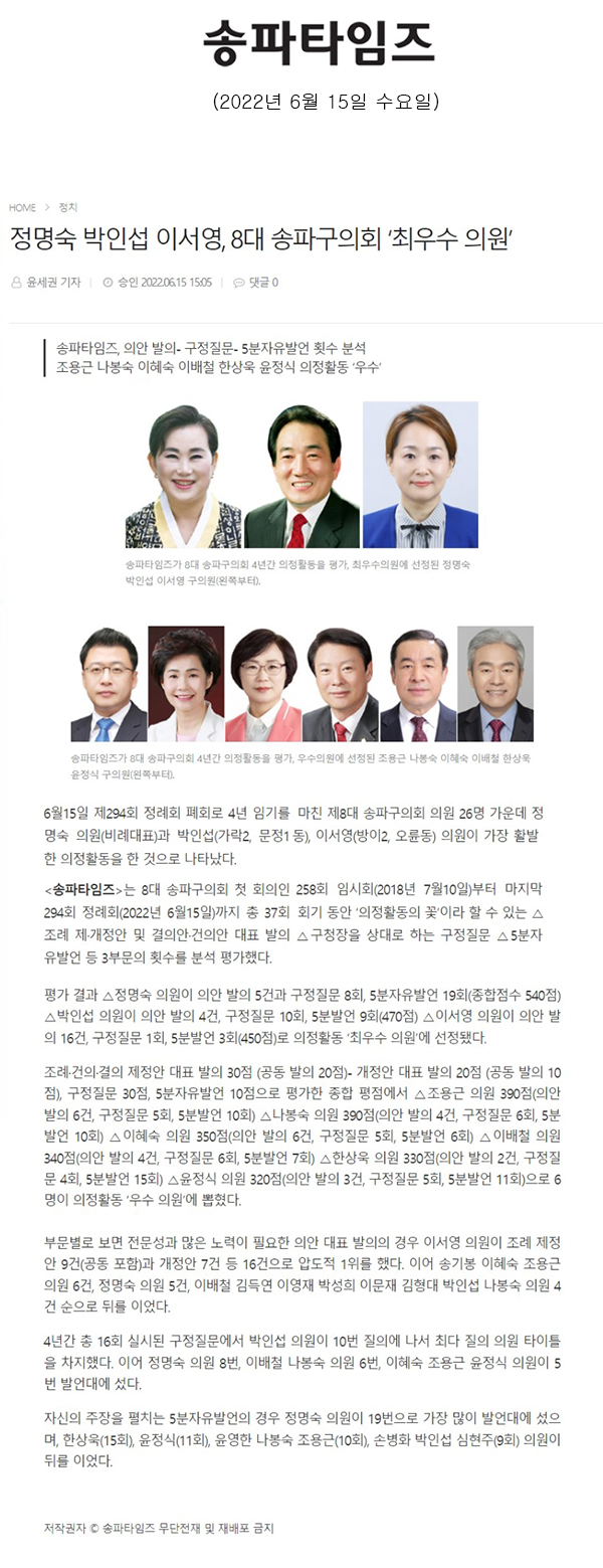 정명숙 박인섭 이서영, 8대 송파구의회 ‘최우수 의원’ /송파타임즈, 의안 발의- 구정질문- 5분자유발언 횟수 분석,  조용근 나봉숙 이혜숙 이배철 한상욱 윤정식 의정활동 ‘우수’ [송파타임즈] - 1